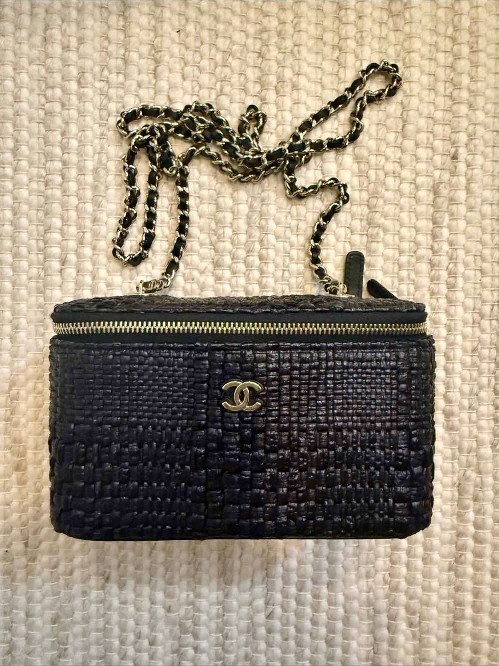 CHANEL Black Raffia Quilted Chain Crossbody Vanity Bag